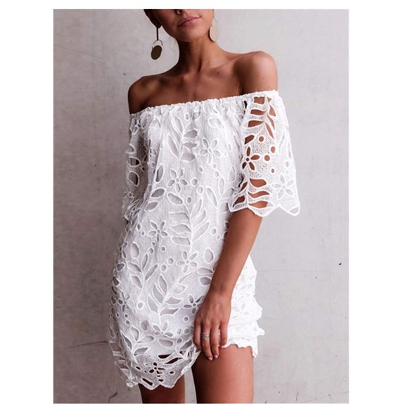 Off Shoulder Floral Lace Flare Sleeve Mini Dress - Picture 2 of 8